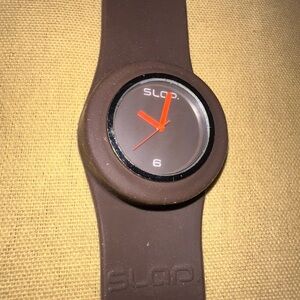 Rare Vintage Slap On Band Watch with Brown Face orange hands new battery